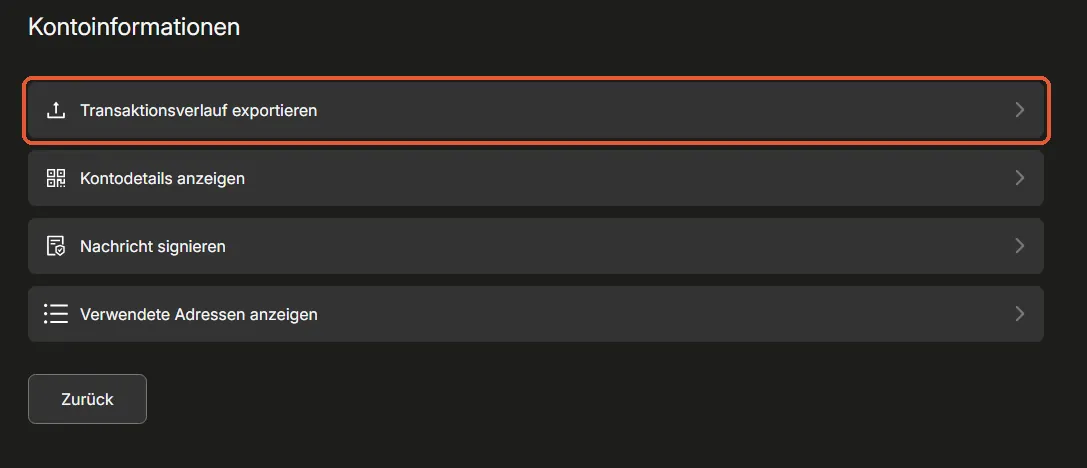 Kontoinformationen der BitBoxApp mit dem Eintrag Transaktionsverlauf exportieren, orange markiert