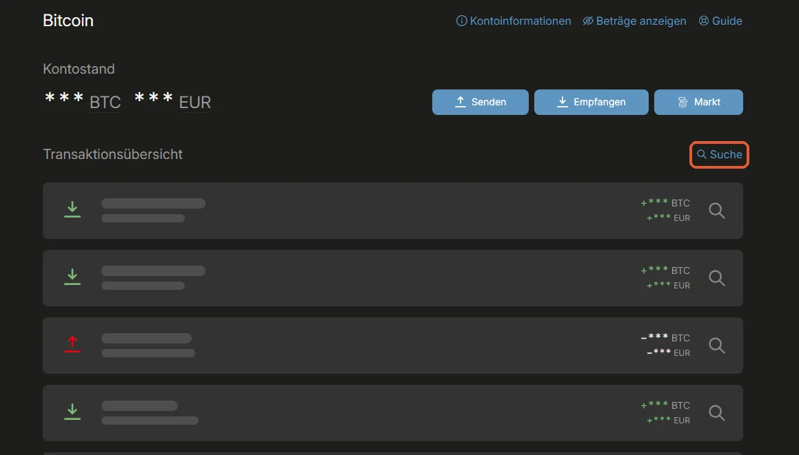 Kontoseite der BitBoxApp mit der Transaktionsübersicht und dem Knopf Suche rechts, orange markiert