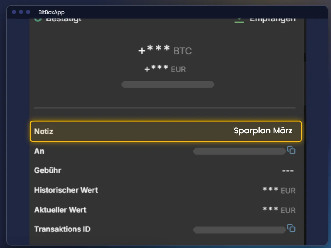 Transaktionsdetails der BitBoxApp mit dem Feld Notiz, darin Sparplan März
