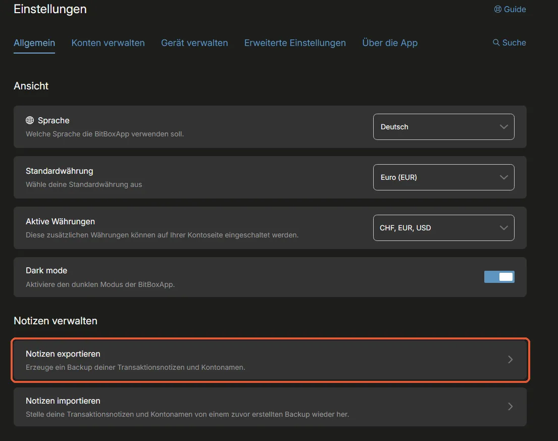 Einstellungen der BitBoxApp, Abschnitt Notizen verwalten mit Notizen exportieren und Notizen importieren