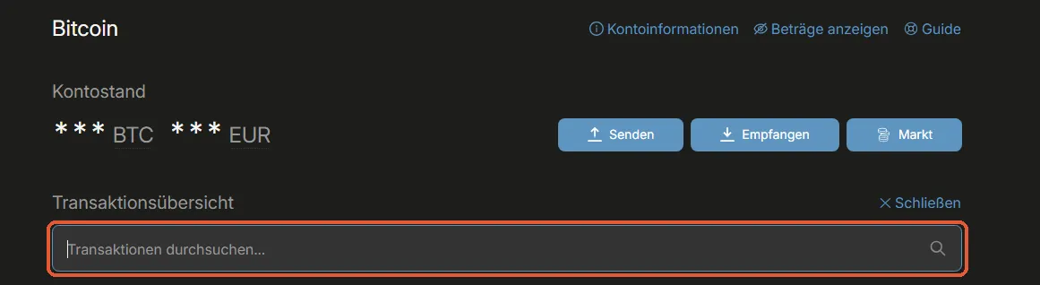 Geöffnetes Suchfeld mit dem Platzhalter Transaktionen durchsuchen, darüber der Knopf Schließen