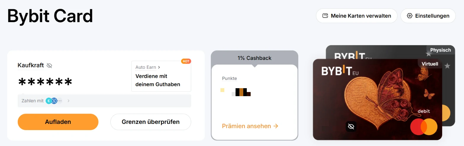 Bybit-Card-Dashboard mit der neuen Kachel „Auto Earn: Verdiene mit deinem Guthaben“ neben der Kaufkraft, rechts die virtuelle und die physische Bybit Card
