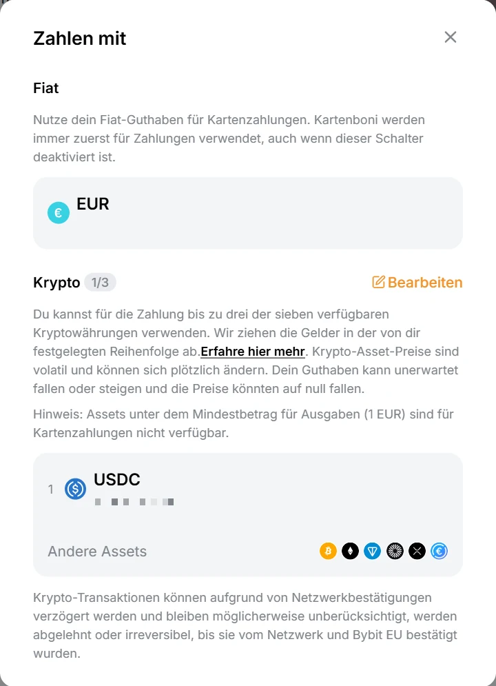 Bybit-Dialog „Zahlen mit“: oben Fiat-Guthaben EUR, darunter der Bereich Krypto 1/3 mit USDC an erster Stelle und weiteren verfügbaren Assets