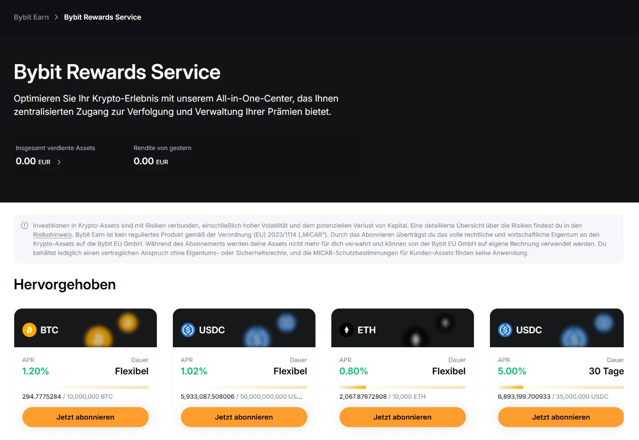 Bybit Rewards Service mit hervorgehobenen Produkten: BTC 1,20 % flexibel, USDC 1,02 % flexibel, ETH 0,80 % flexibel und USDC 5,00 % für 30 Tage