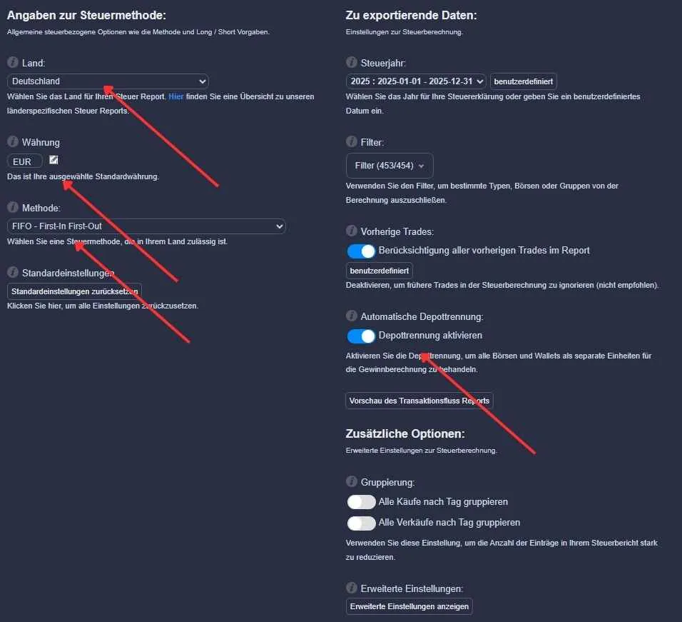 cointracking steurreport einstellungen