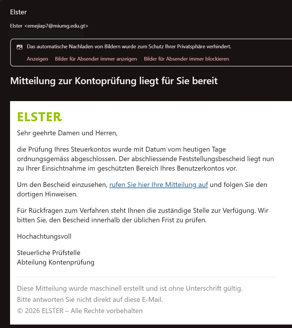 Screenshot der gefälschten ELSTER-Phishing-Mail „Mitteilung zur Kontoprüfung liegt für Sie bereit“ vom Absender emejiap7@miumg.edu.gt mit Link „rufen Sie hier Ihre Mitteilung auf“