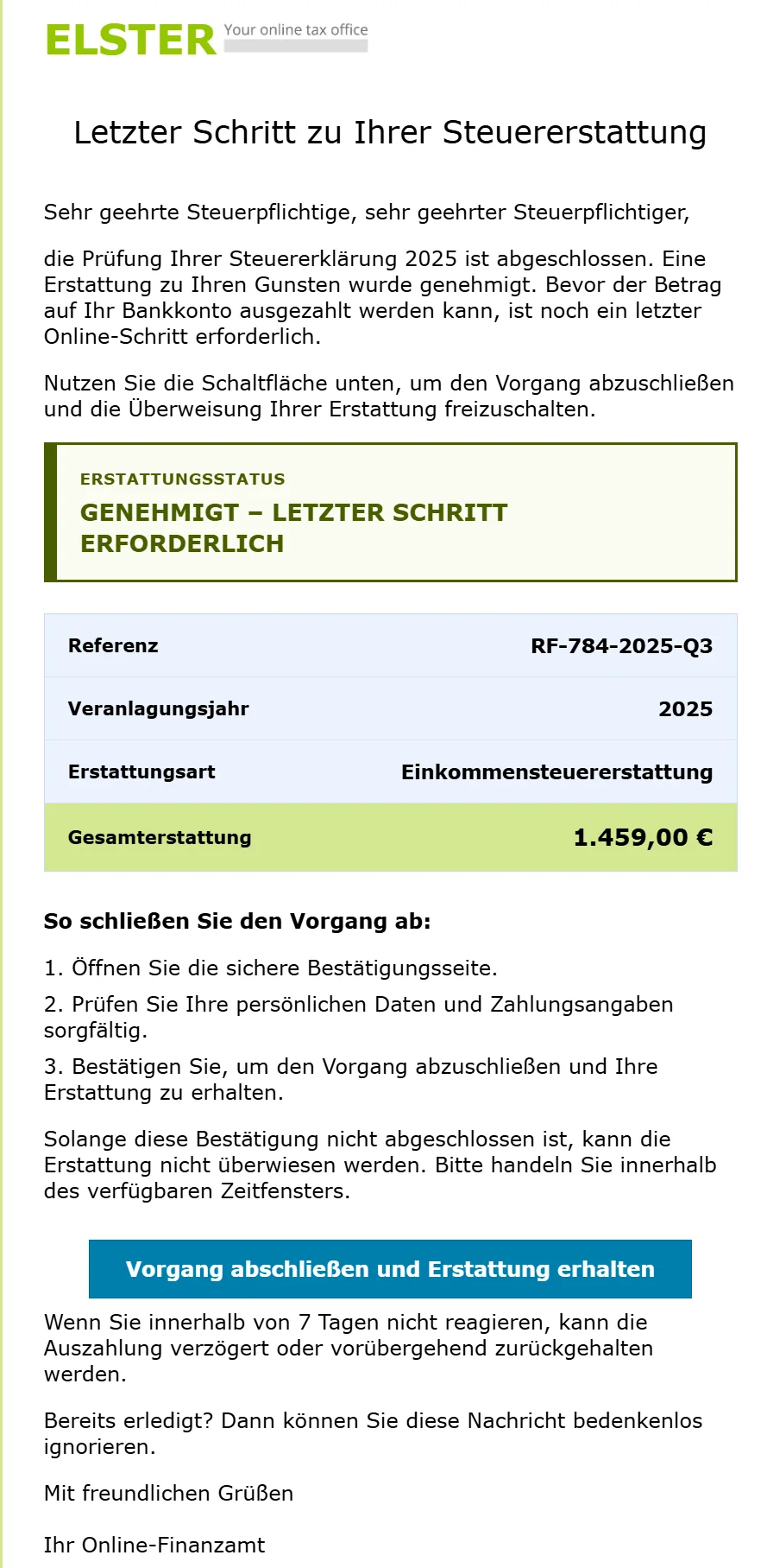 Screenshot der gefälschten ELSTER-Phishing-Mail mit angeblicher Steuererstattung von 1.459,00 Euro und dem Button „Vorgang abschließen und Erstattung erhalten"
