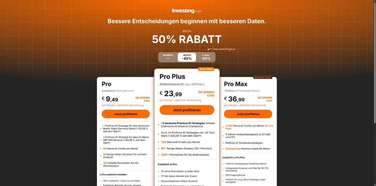Preisseite von InvestingPro mit den drei Stufen Pro, Pro Plus und Pro Max im Jahresabo