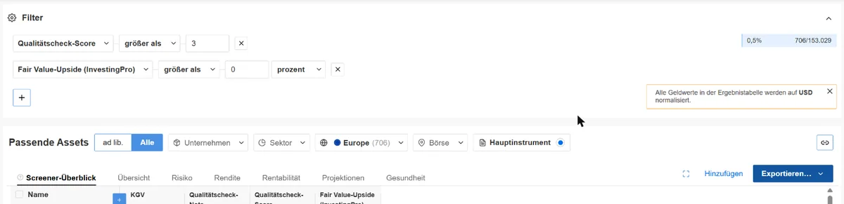 InvestingPro Screener mit den Filtern Qualitätscheck-Score größer 3 und Fair-Value-Upside größer 0 Prozent, Region Europe, 706 Treffer