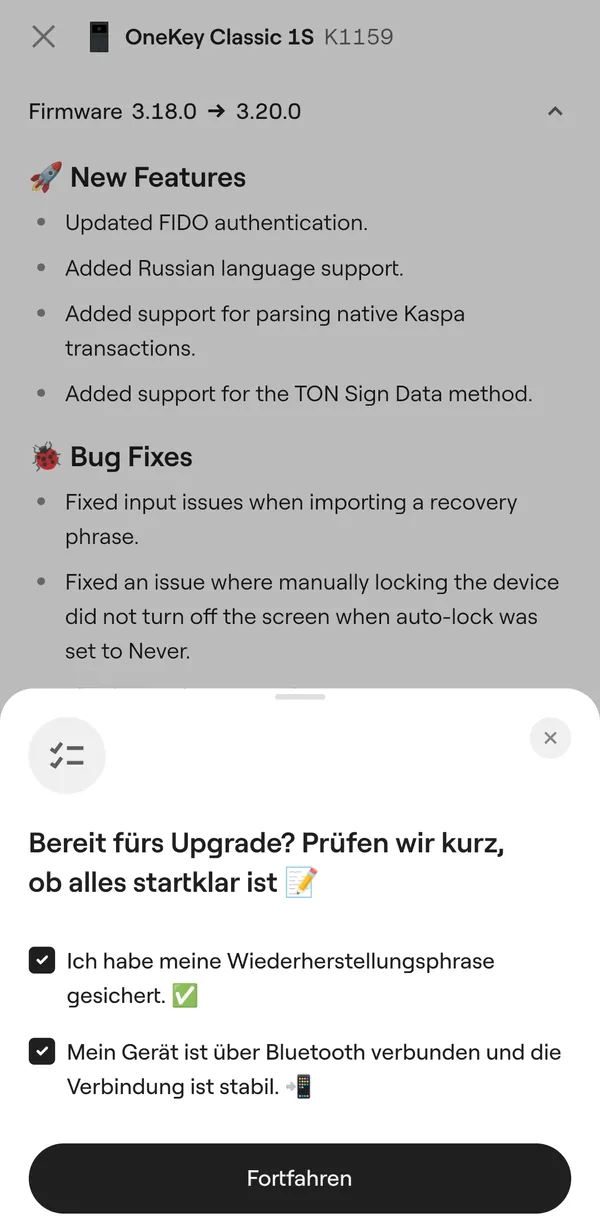 OneKey App: Checkliste vor dem Firmware-Update