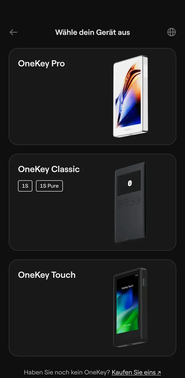 OneKey App: Auswahl zwischen OneKey Pro, Classic und Touch