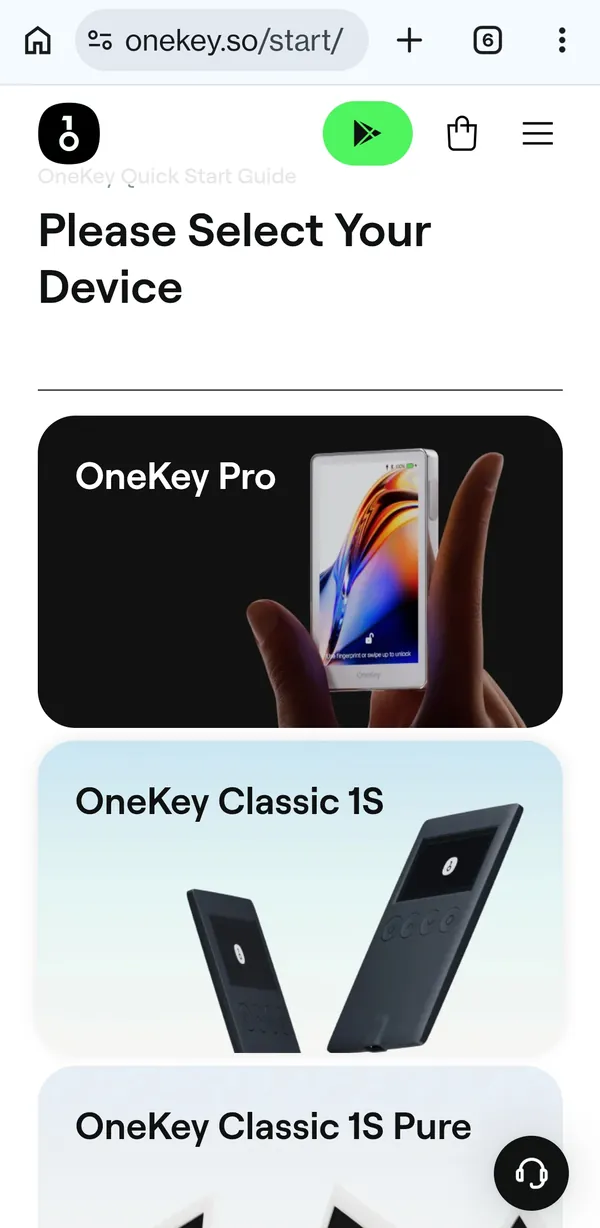 OneKey-Website: Auswahl des Geräts im Quick-Start-Guide