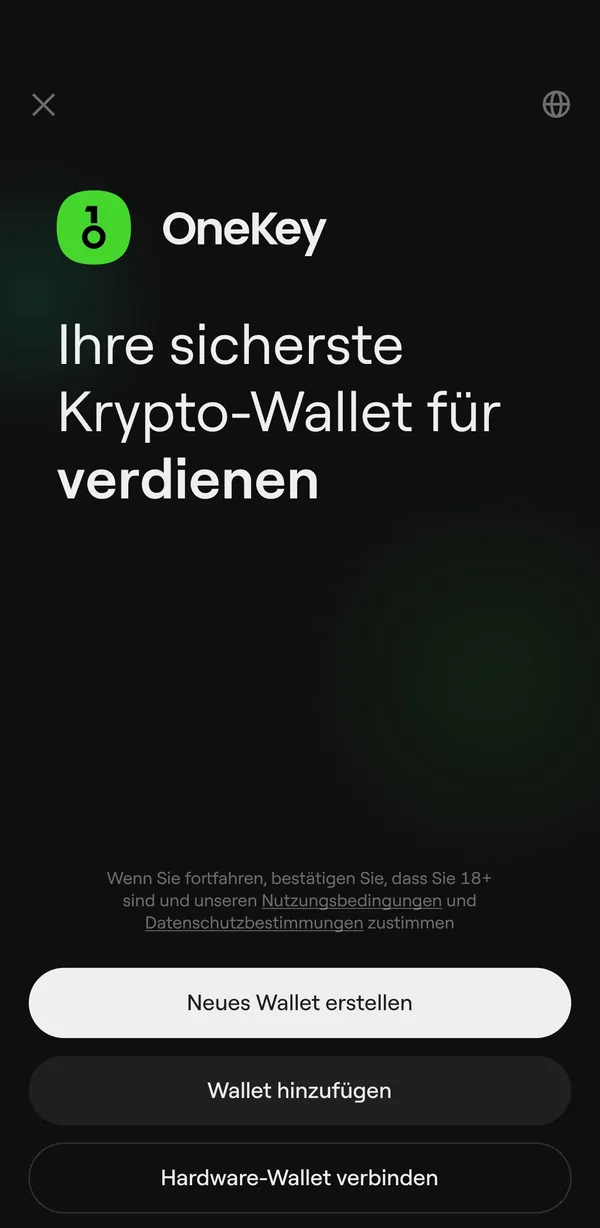 OneKey App: Startbildschirm mit Hardware-Wallet verbinden