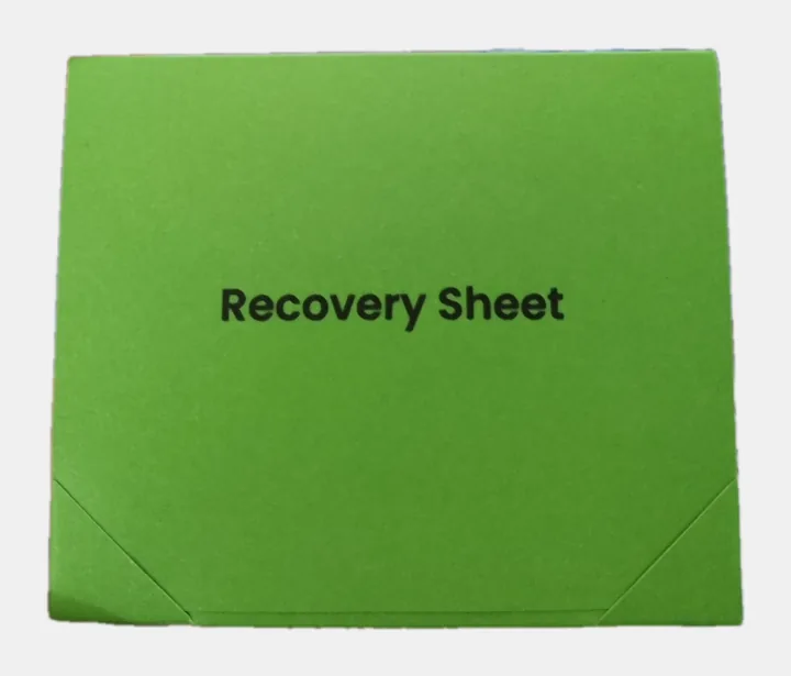 Grüner Umschlag mit der Aufschrift Recovery Sheet