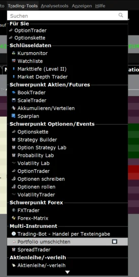 TWS-Menü Trading-Tools mit dem Eintrag Portfolio umschichten im Bereich Multi-Instrument