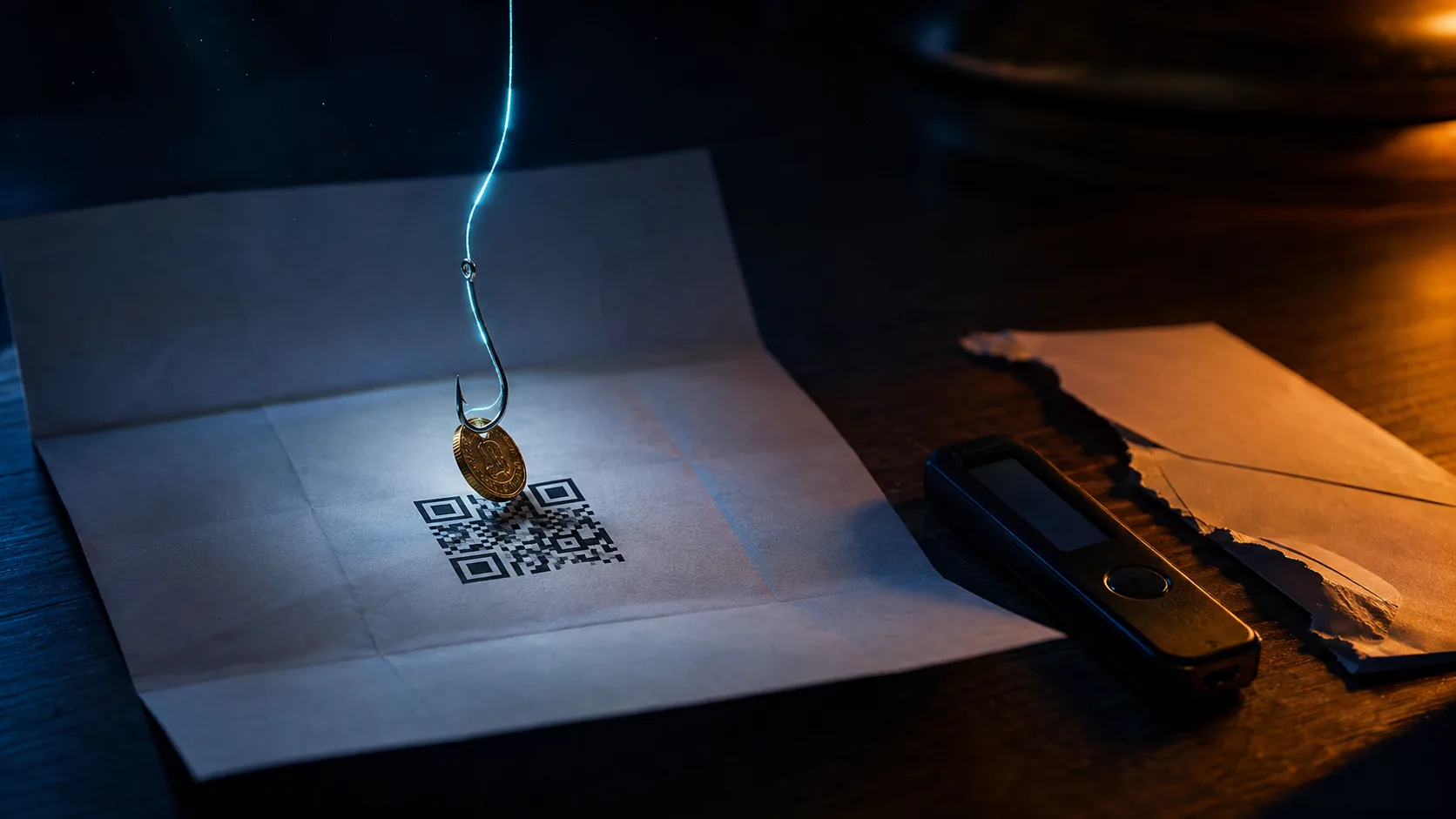 Phishing per Brief: Der QR-Code ist der Haken Brief mit QR-Code neben einer Hardware-Wallet, aus dem QR-Code ragt ein leuchtender Angelhaken mit einer Goldmünze
