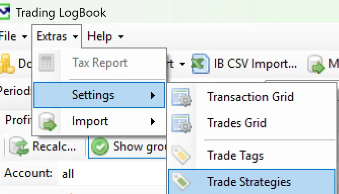 Trading LogBook Menü Extras Settings Trade Strategies