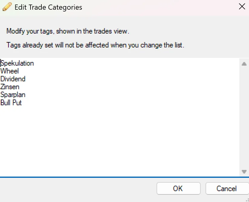 Trading LogBook Edit Trade Categories - Strategien anlegen