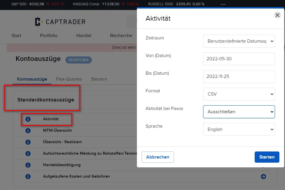 Interactive Brokers Kontoauszug als CSV in Englisch exportieren
