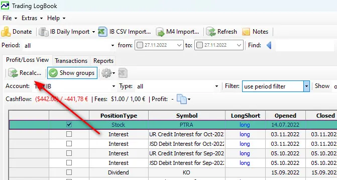 Trading LogBook: Button „Recalculation“ nach dem Import klicken