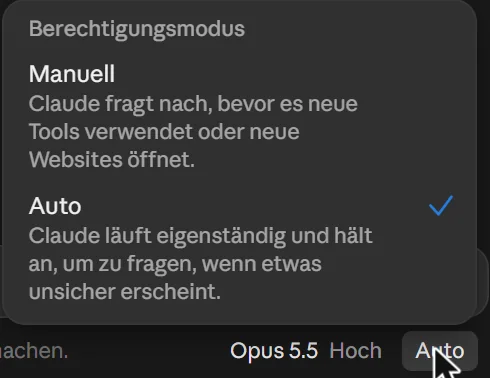 Auswahl Berechtigungsmodus in Claude mit den Optionen Manuell und Auto