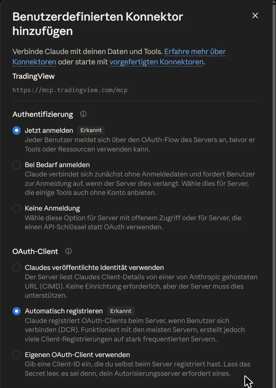 Zweiter Schritt des Dialogs mit den erkannten Einstellungen Jetzt anmelden und Automatisch registrieren
