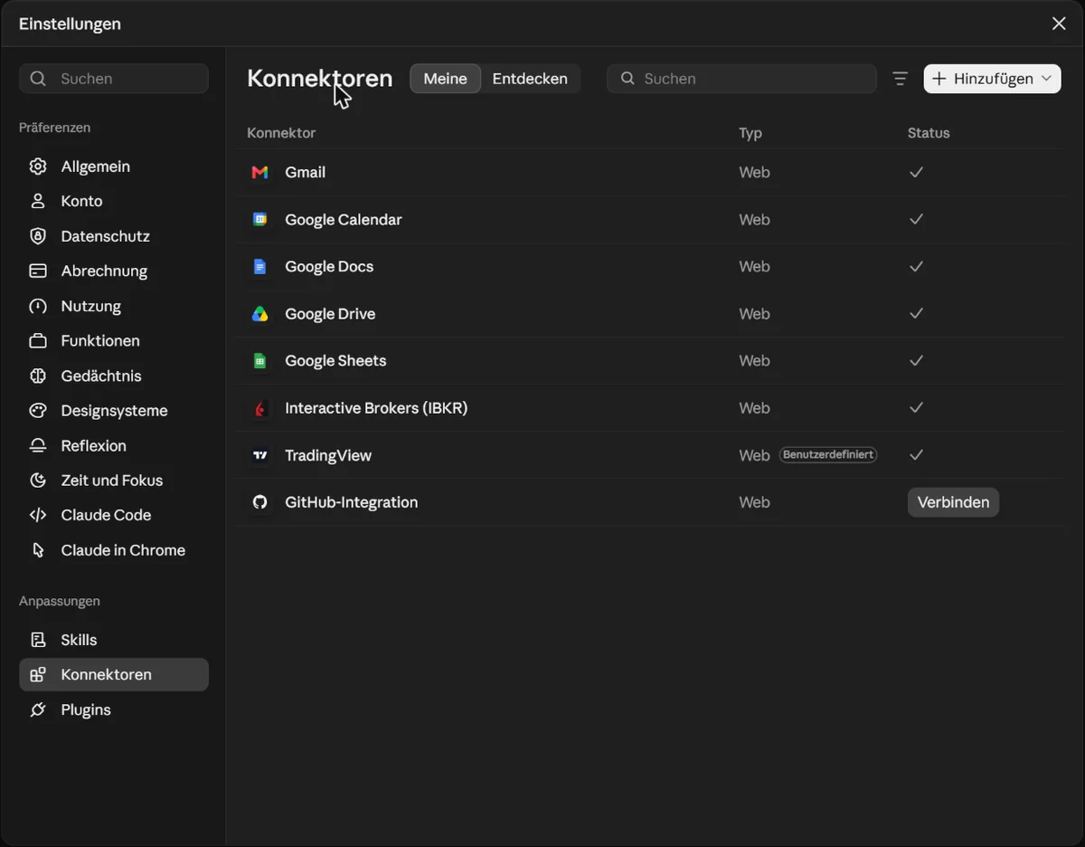 Konnektorliste in Claude mit TradingView, Zusatz Benutzerdefiniert und Häkchen in der Spalte Status