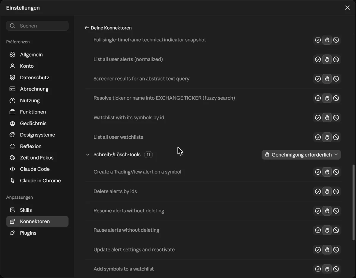 Tool-Berechtigungen des Konnektors TradingView mit der Gruppe Schreib-/Lösch-Tools und den drei Schaltern je Tool