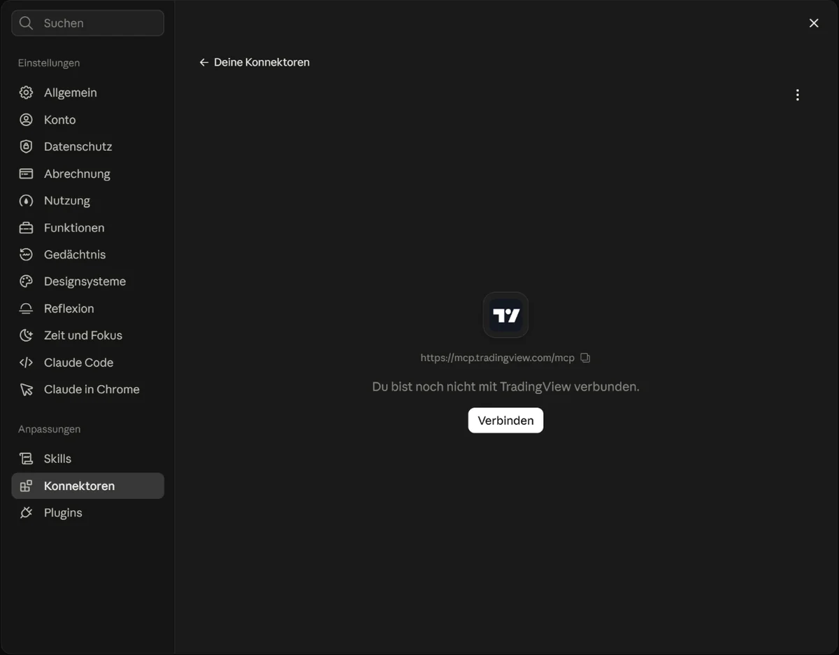 Detailansicht des Konnektors TradingView mit dem Hinweis Du bist noch nicht mit TradingView verbunden und dem Button Verbinden