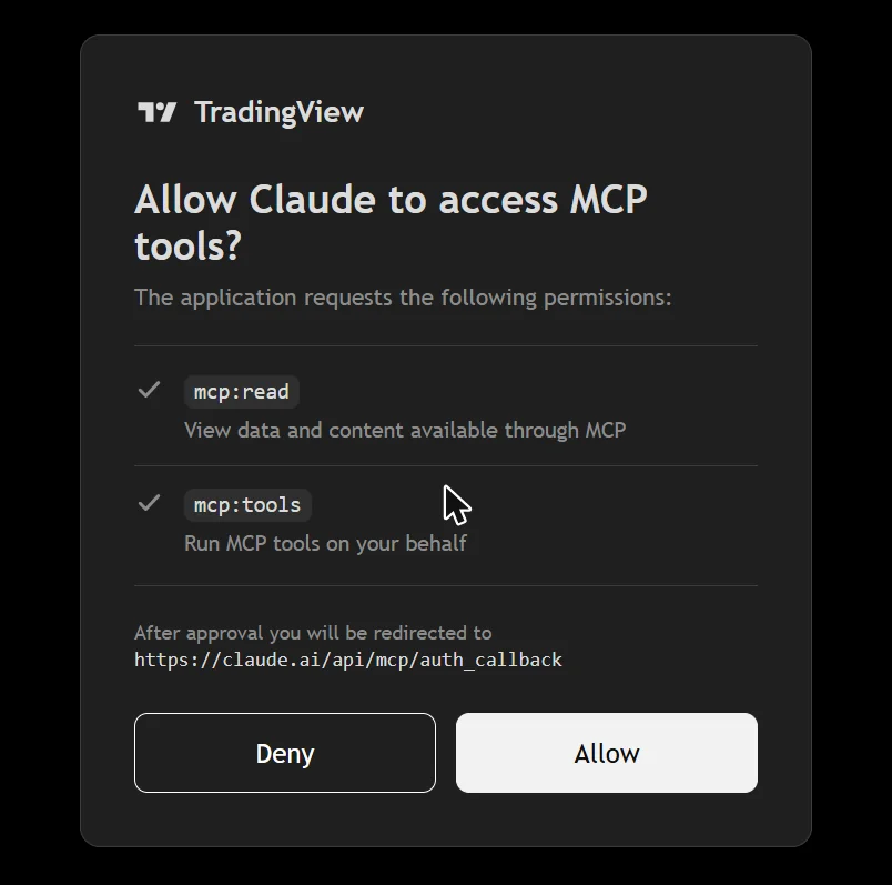 Freigabeseite von TradingView mit der Frage Allow Claude to access MCP tools und den Rechten mcp:read und mcp:tools