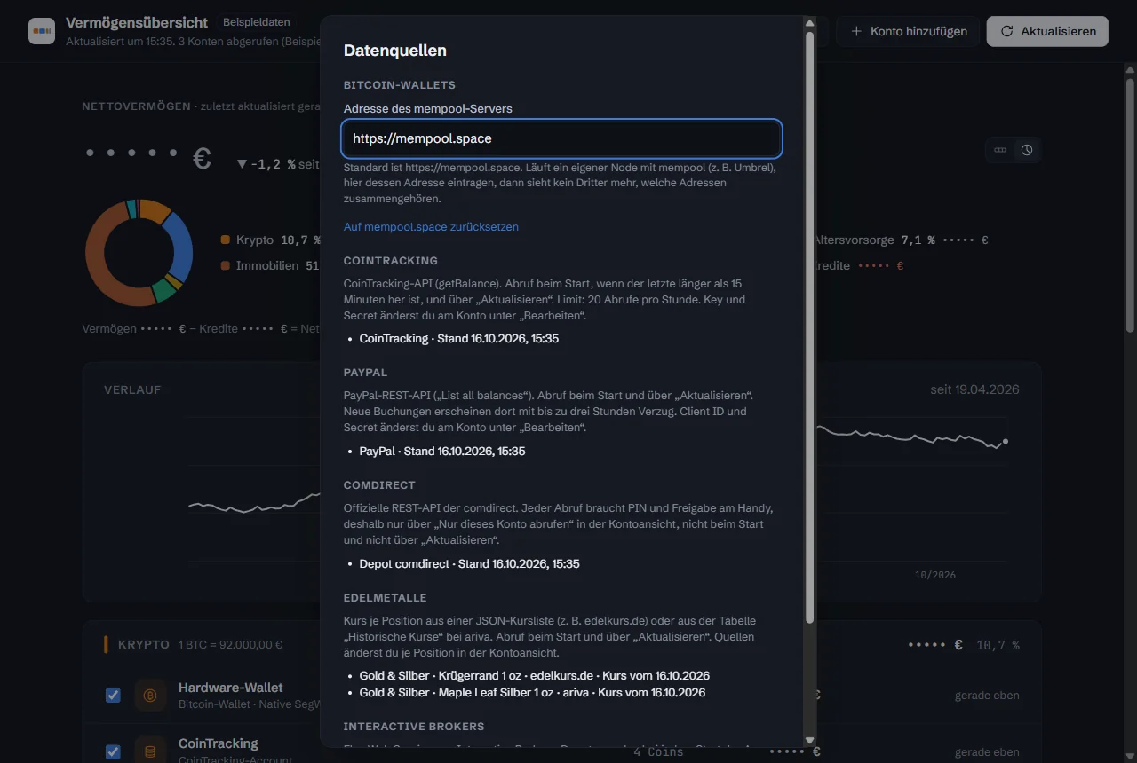 Dialog Datenquellen mit Erklärung zu mempool, CoinTracking, PayPal, comdirect und Edelmetallen