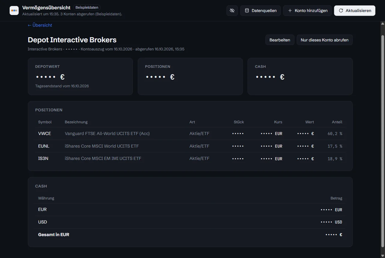 Kontoansicht eines Interactive-Brokers-Depots mit drei ETF-Positionen und Cash in EUR und USD