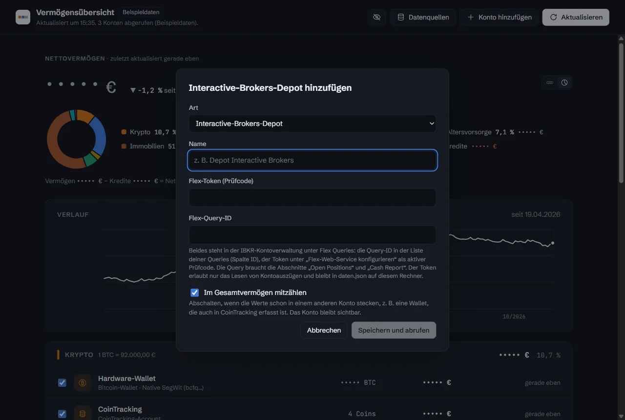 Dialog Konto hinzufügen für ein Interactive-Brokers-Depot mit Feldern für Flex-Token und Query-ID