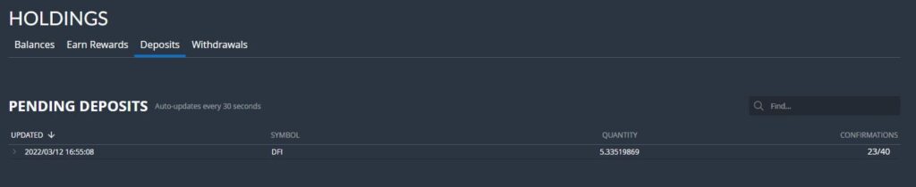 Auf Bittrex kannst du den Status deiner Einzahlung unter "Holdings > Deposits" verfolgen: