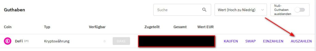 Auf CakeDeFi wählst du bei deinem DeFi (DFI) Guthaben "Auszahlen" aus
