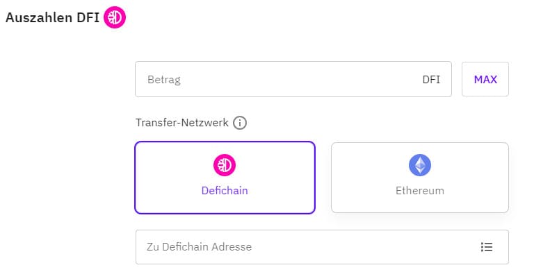 Wähle als Transfer-Netzwerk "Defichain" aus und trage im Feld "Zu Defichain Adresse" die auf Bittrex kopierte Wallet Adresse ein: