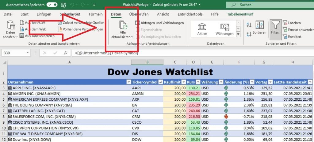 Excel Aktienkurse aktualisieren