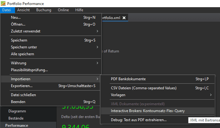 Den exportierten Bericht importierst du in Portfolio Performance unter "Datei >> Importieren >> Interactive Brokers Kontoumsatz-Flex-Query"