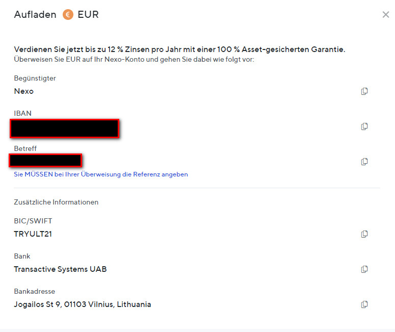 Nexo Bankdaten für die Überweisung