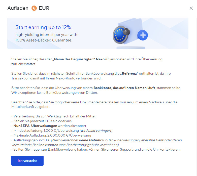 nexo euro einzahlen bedingungen